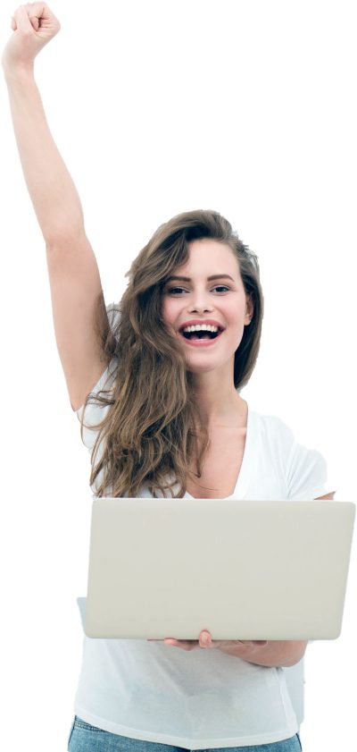 A Girl Holding Laptop Raising Her Hand In The Air 